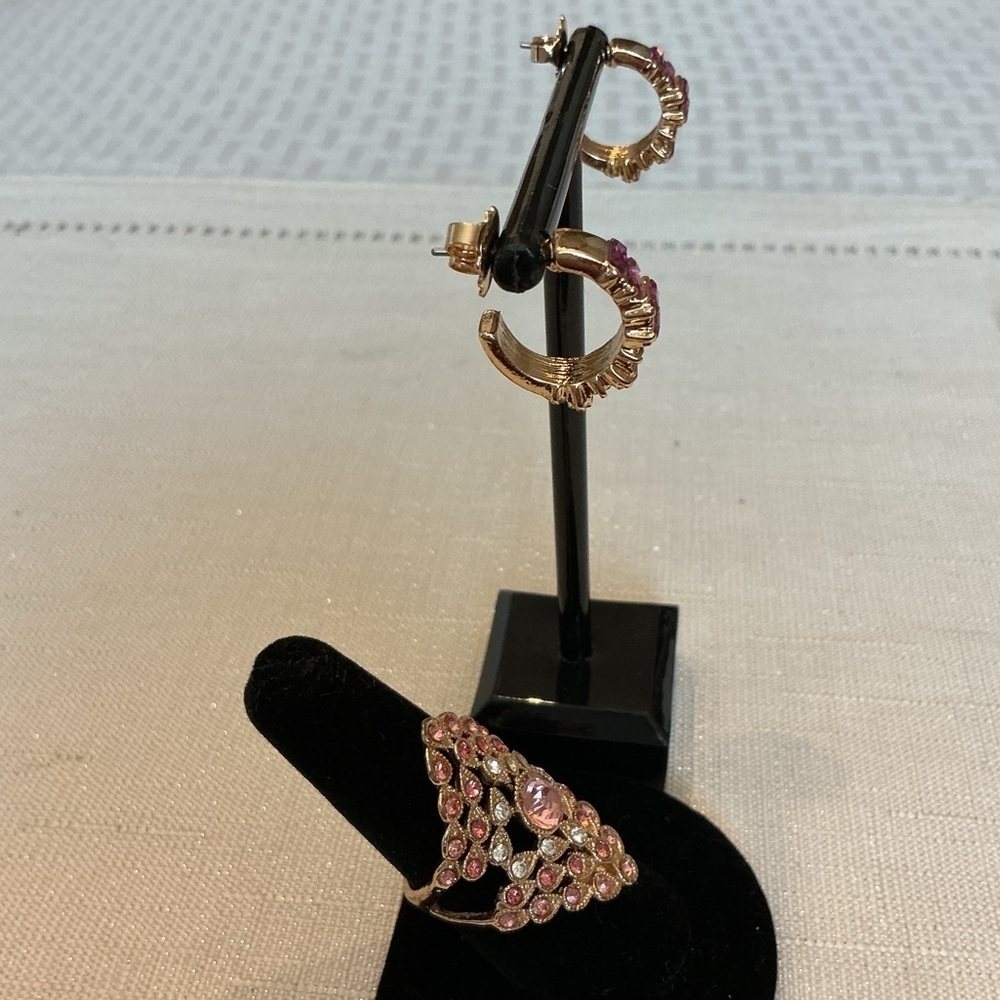 Pink Rhinestone Gold Tone Cocktail Ring and Earring Set - Picture 4 of 4